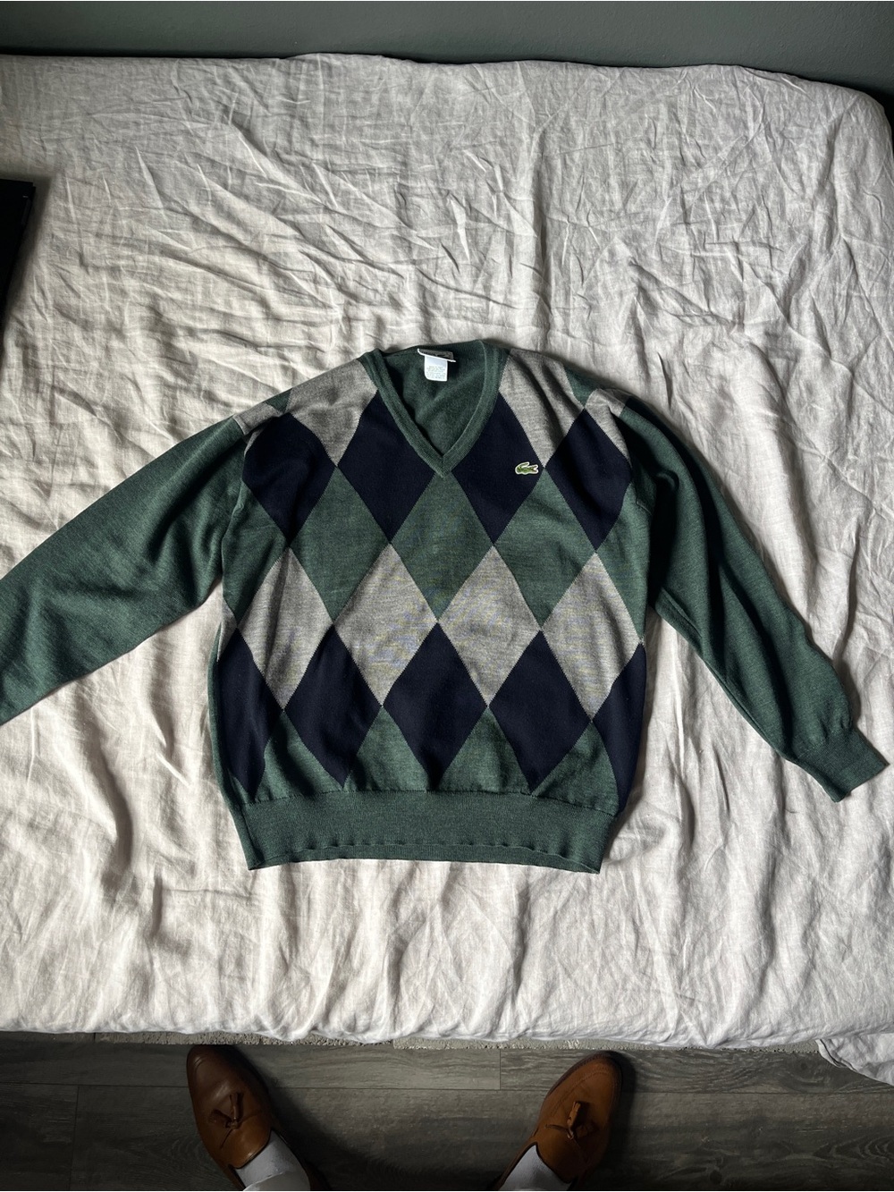 Lacoste wool Green Navy Gray Argyle V-Neck Sweater